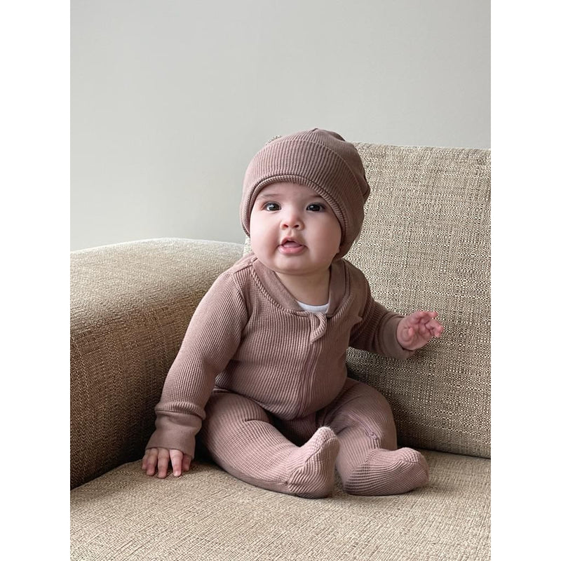 Organic Waffle Footie Jumpsuit - EARTH BROWN