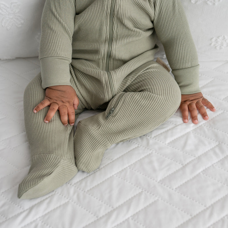 Organic Waffle Footie Jumpsuit - OLIVE